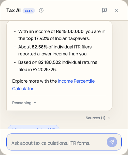 Tax AI chatbot showing income percentile result for Rs 15 lakh - top 17.42% of Indian taxpayers